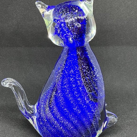 Other - Cobalt blue glass gold flecks glass kitty cat art figure paperweight 6.5 in